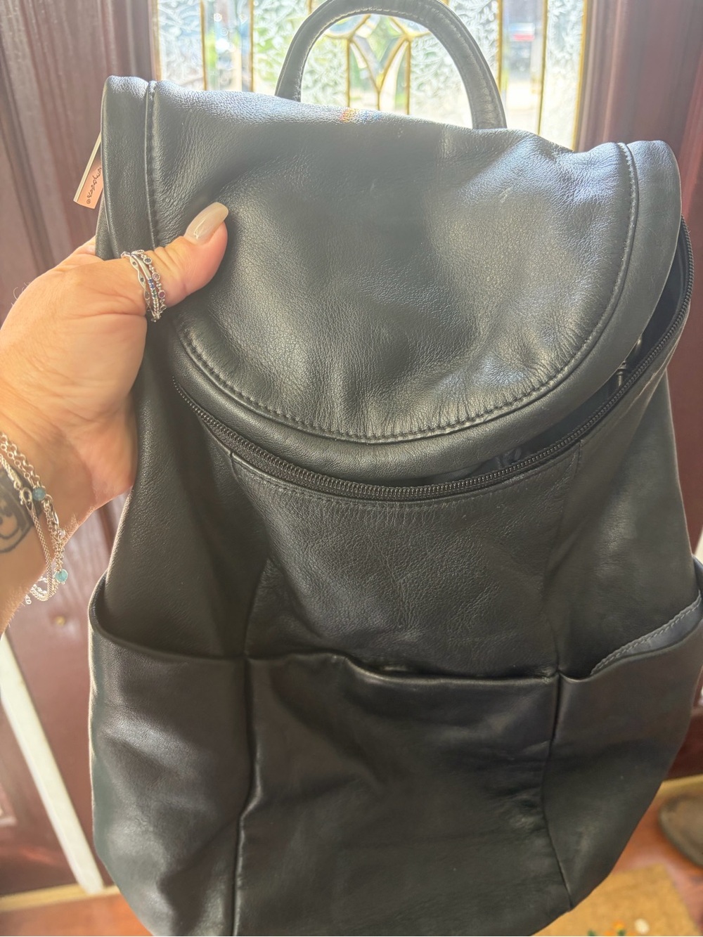 Source Unknown Black Leather Backpack with Front Zip Pocket